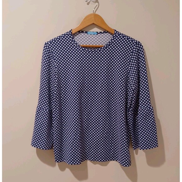J McLaughlin Catalina Cloth Lattice Print Bell Sleeve Blouse Size L Navy Gingham - Picture 1 of 7